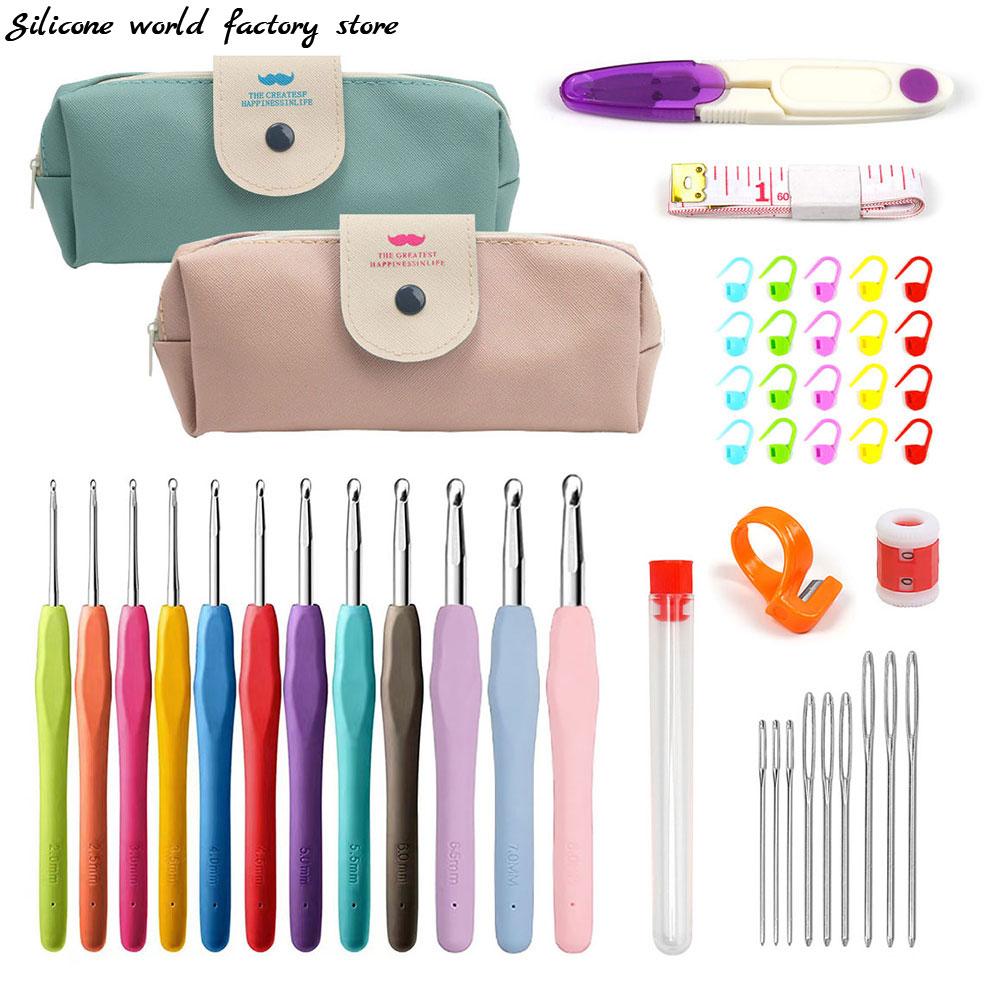 Silicone World 45/37 PCS Set Hook Needle Set DIY Hand Held Knitting Tools Beginners Woolen Weaving Tool Kits With Storage Bag