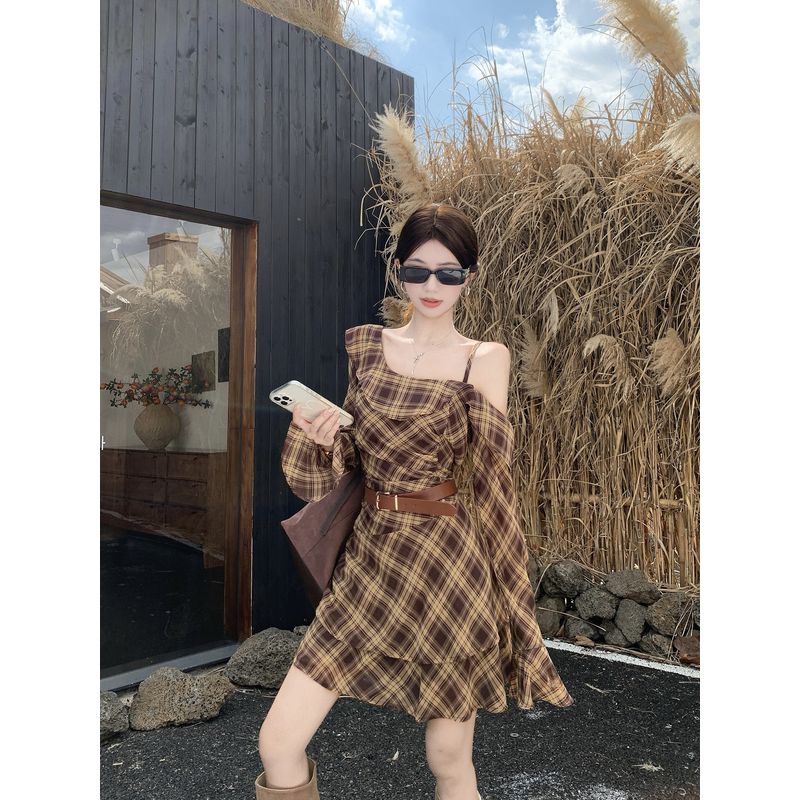 Kumikumi Retro Set Slimming Long sleeve Outerwear Women Autumn Irregular Plaid Long sleeve Dress Two-piece Set