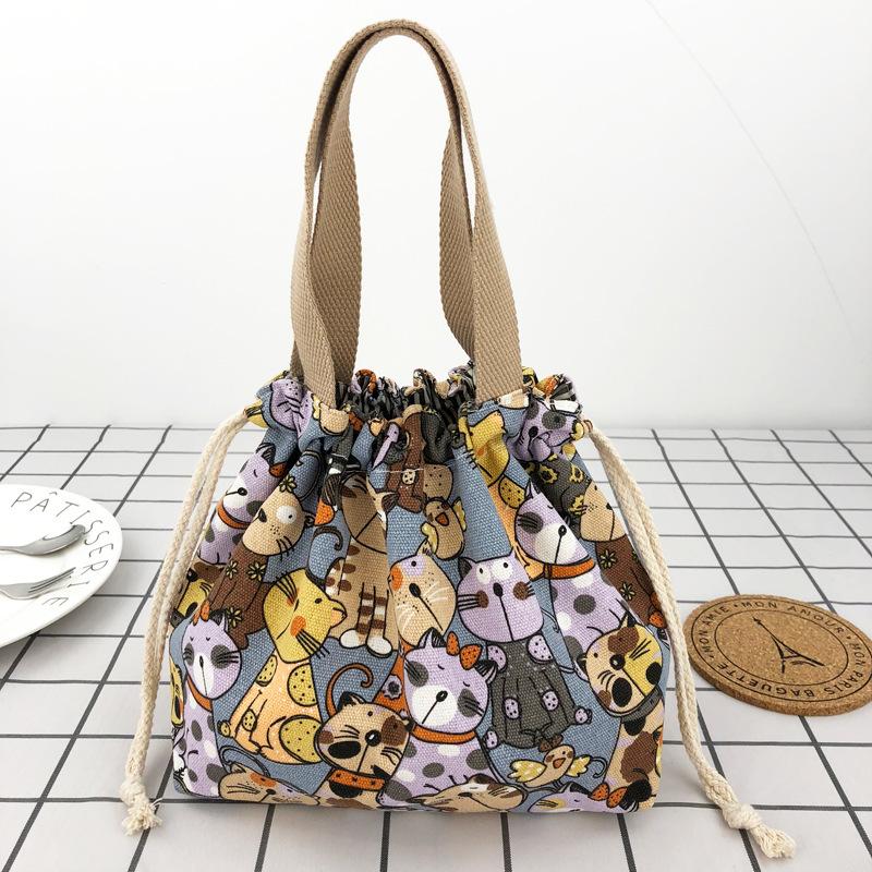 Japanese Cute Bento Bag Tote Handheld Canvas Lunch Bags Cartoon Anime Drawstring Bag Portable Foldable Holds Two Lunch Boxes