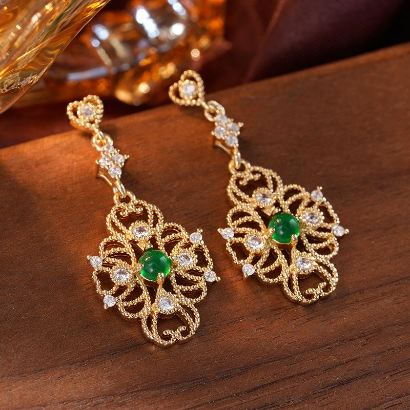 Court Style Imitation Emerald Earrings, New Chinese High-end Earrings, Cheongsam Temperament Hollow Zircon Earrings