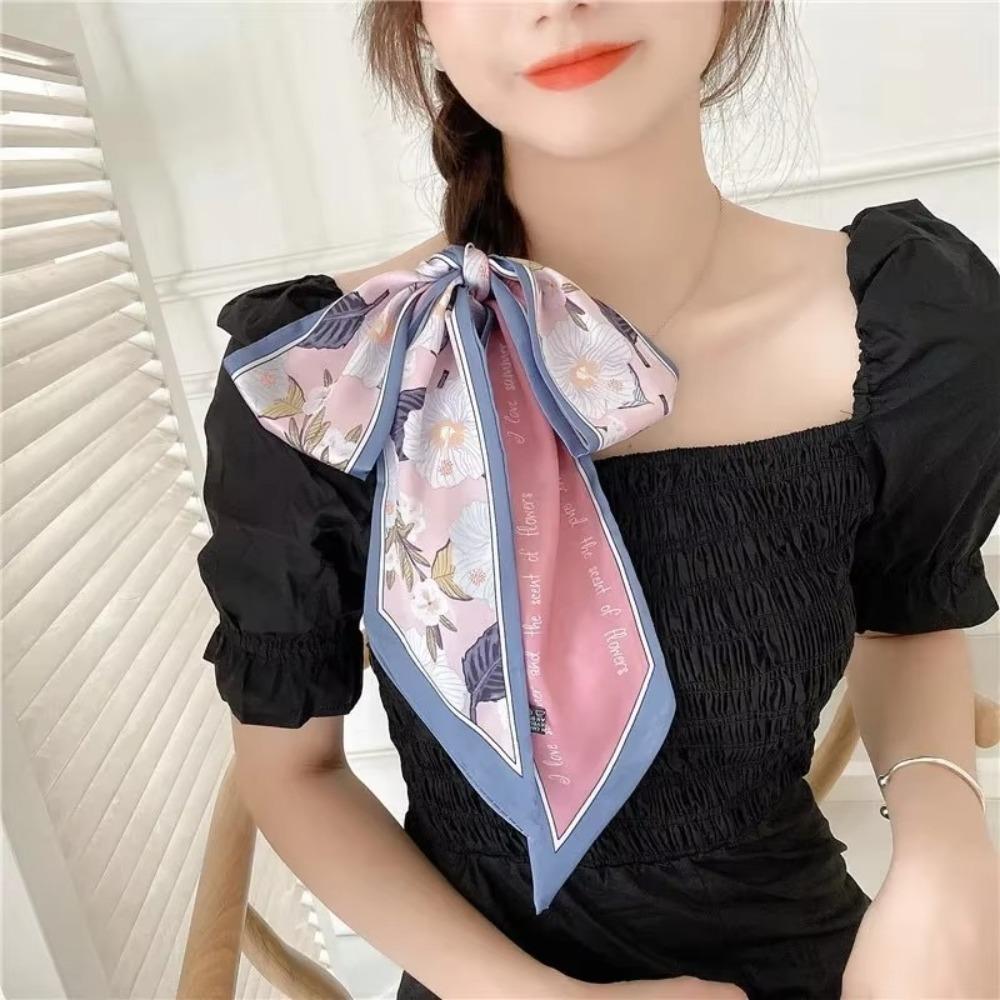 Summer Floral Silk Satin Scarf Narrow Thin Neckerchief Tied Hairband Bag Decoration Long Vacation Headscarf
