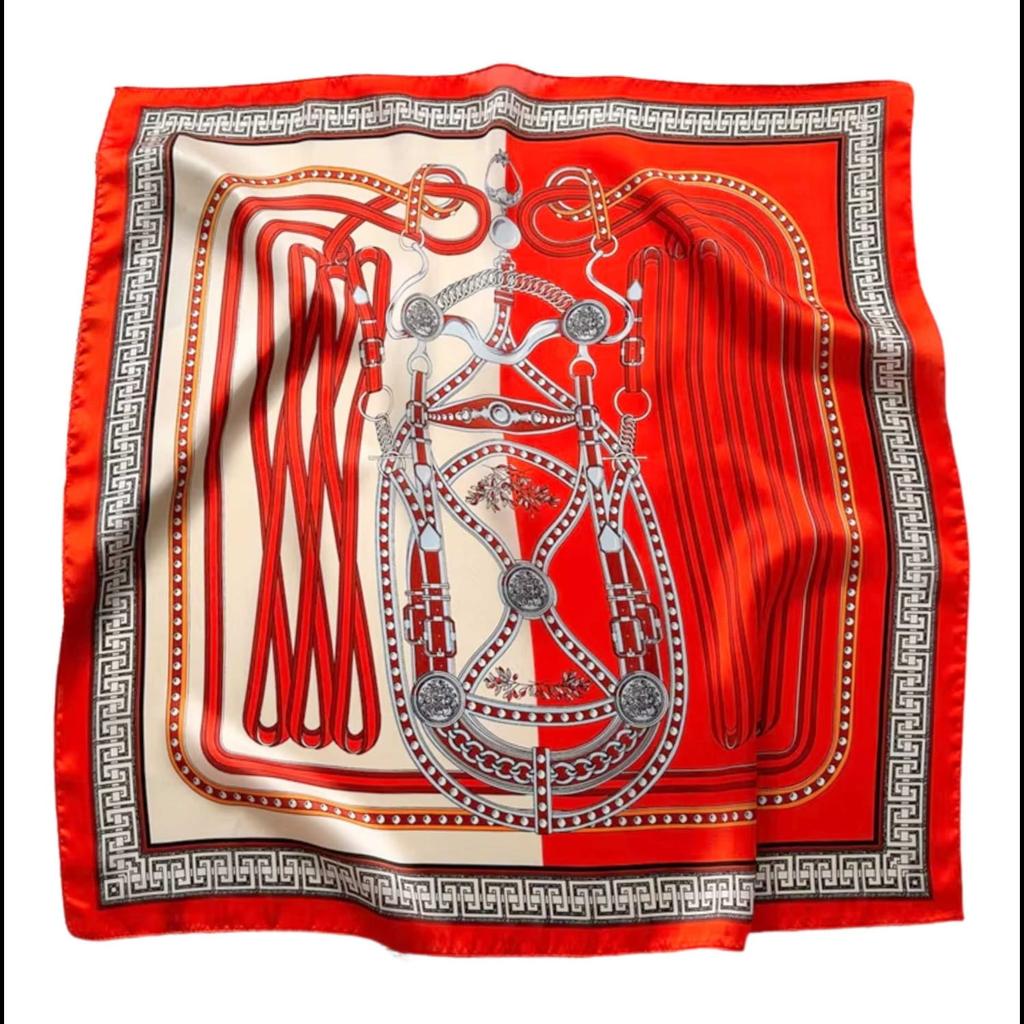 Satin Women' Scarf 70x70 - Red with Harness Motif and Greek Pattern, Classic Style