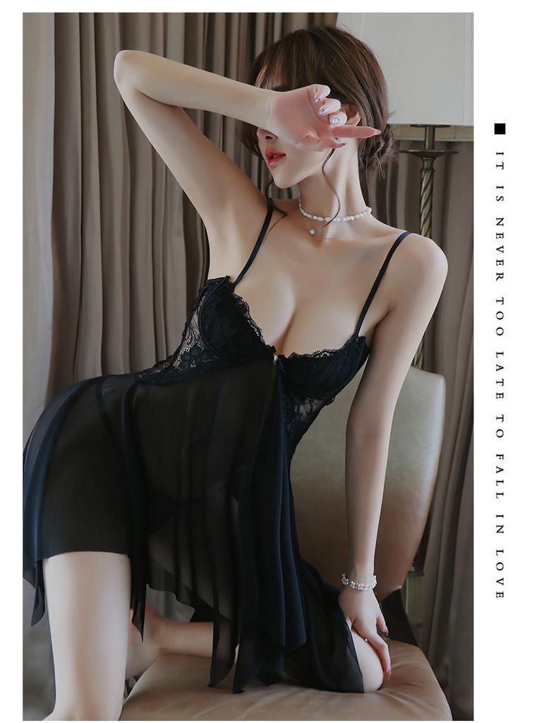 Sexy lingerie lace seduction pajamas sexy steel pallets gather front split nightgown women's uniform