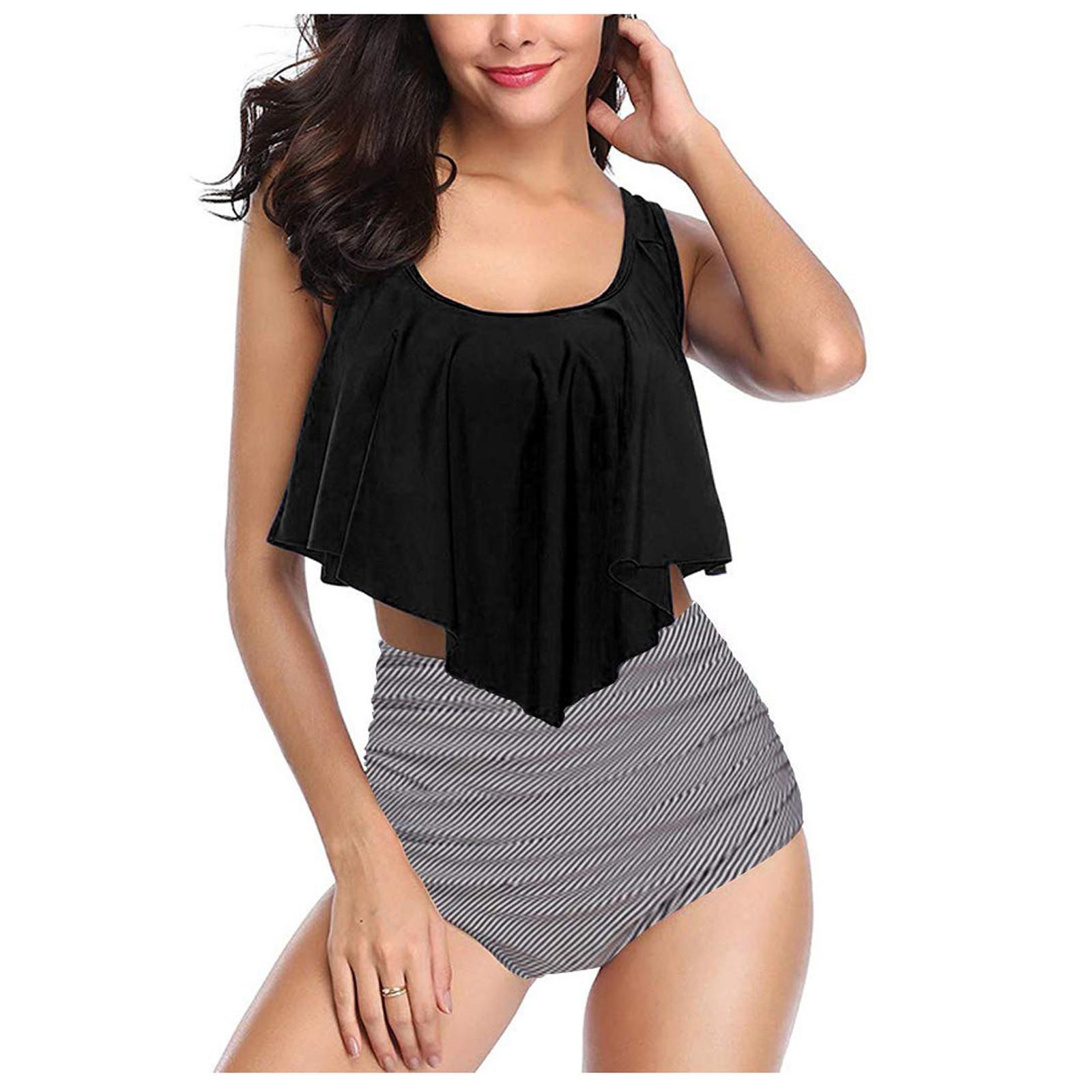 

Бикини с рюшами и принтом закрывает живот и демонстрирует тонкий разделенный купальник для женщин L чёрный