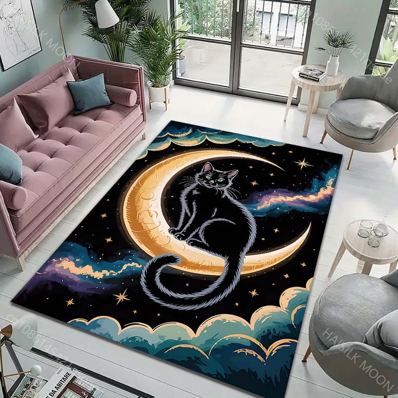 Multiple sizes Black cat on crescent moon Print Carpet Rug for Living Room Bedroom Sofa Doormat Home Decor Non-slip Floor Mat