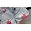 Women's Summer Korean Vintage Contrast Color Tassel Ripped Jeans Shorts Female High Waist Streetwear Y2K Sexy Short Denim Pants