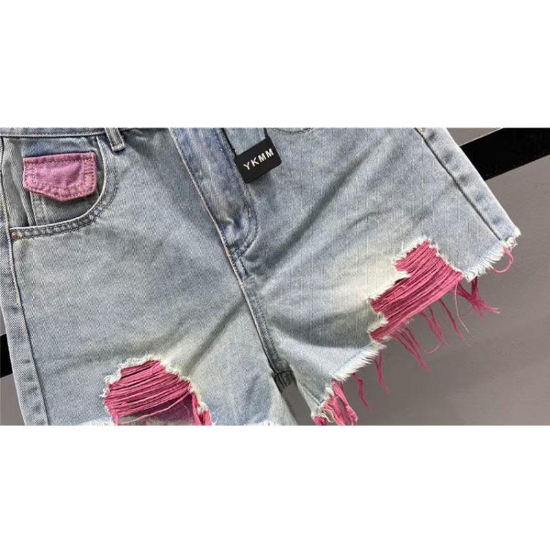 Women's Summer Korean Vintage Contrast Color Tassel Ripped Jeans Shorts Female High Waist Streetwear Y2K Sexy Short Denim Pants