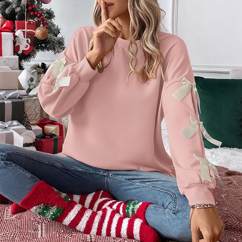 Weihnachts-Sweatshirts für Damen Süßes Schleifen-Sweatshirt Oversized Rundhals-Sweatshirt Ohne Kapuze Weihnachten Herbst Y2k Oberteile Pullover