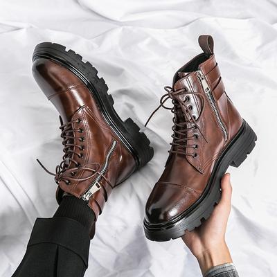 Mode Luxus Herren Stiefel Mode Neue Motorradstiefel Echte Lederstiefel Herren Stiefeletten Dicke Unterseite Rundkopf Outdoor Kampfstiefel