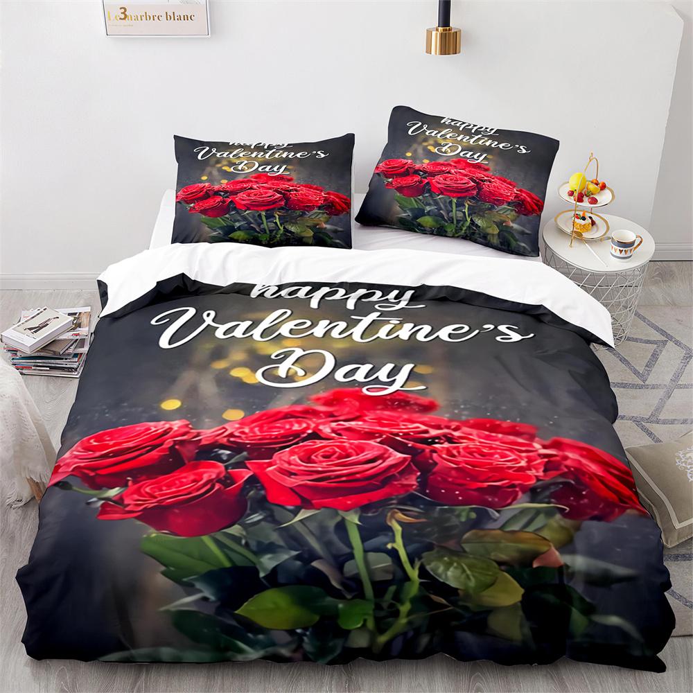 Rote Rose Königin König Bettbezug 3D Schönes Blumen-Thema Bettwäsche-Set Für Frauen Mädchen Romantische Florale Bettdecke Kissenbezug