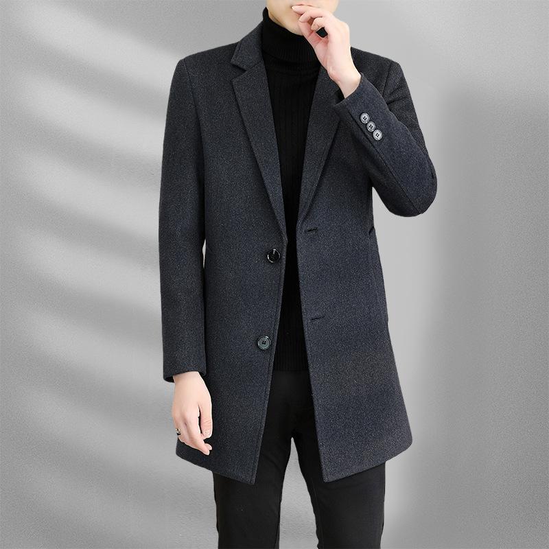 Autumn and Winter New Men's Woolen Coat Medium and Long Suit Collar Cotton Thickened Youth Woolen Coat Men's Coat