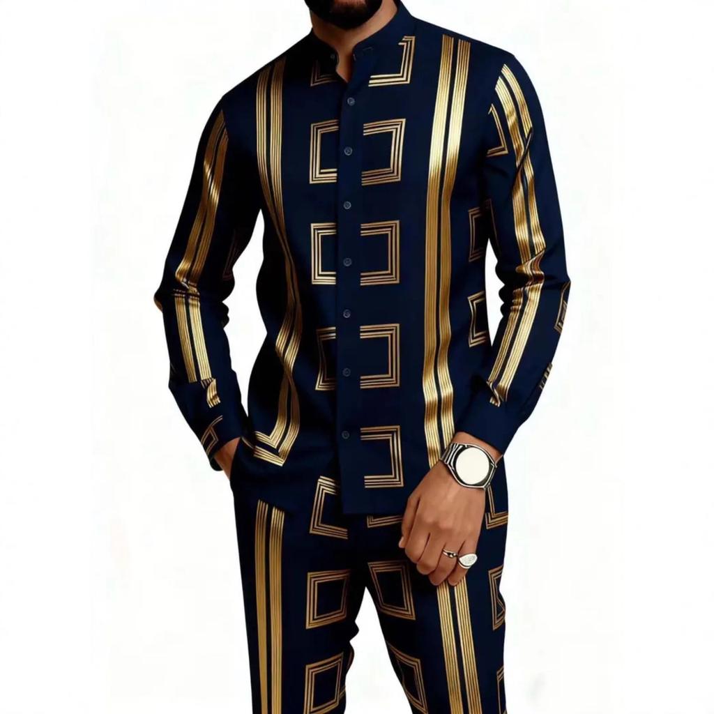 Spot TEMU Casual African Glossy Print Men's Ethnic Long-sleeved Trousers Set 2-piece Set