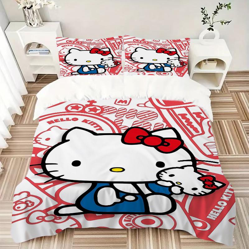 3pcs Cute Hello Kitty Design Printed Quilt Set Soft and Comfortable Quilt Cover for Bedroom, Guest Room Bedding Set W022