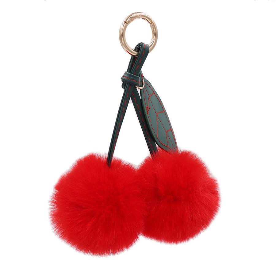 Cherry Plush Fur Ball Keychain for Women - Bag, Backpack, and Car Ornament