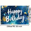 2D Blue Watercolor Happy Birthday Backdrop with Gold Dots Photo Booth Background