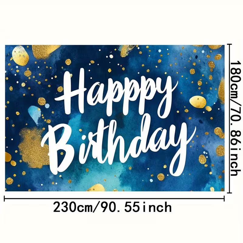 2D Blue Watercolor Happy Birthday Backdrop with Gold Dots Photo Booth Background