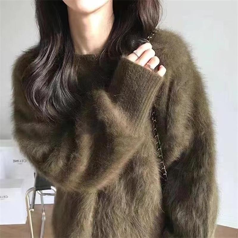Women's Blue Velvet Round Neck Sweater - Soft, Cozy, Autumn/Winter Knitwear, Lazy Style European Fashion