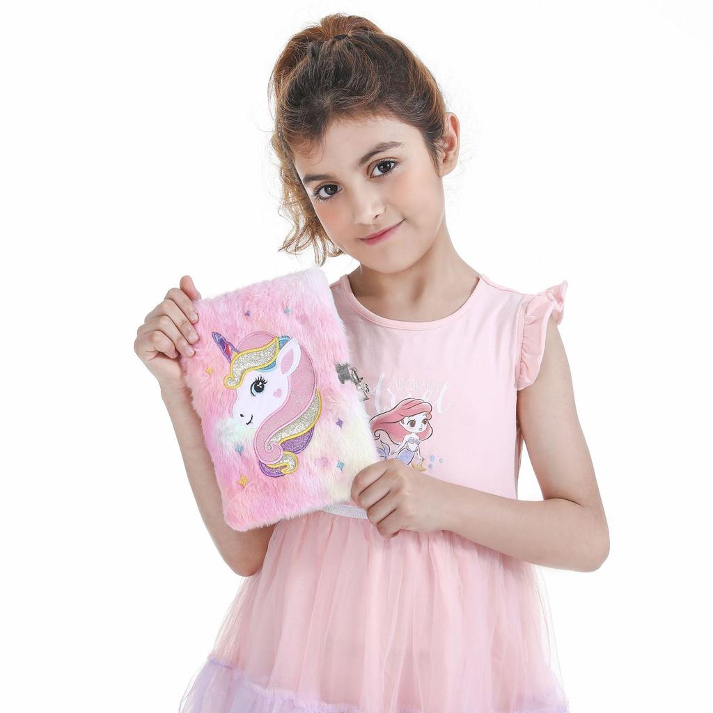 2025 Unicorn A5 Plush Diary with Lock - Cute Cartoon Kids' Writing Notebook