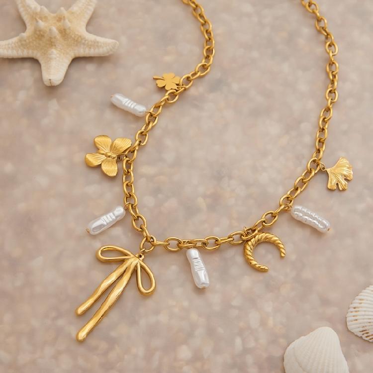 Stainless Steel Faux Pearls Bowknot Pendant Necklace Comfortable Wear Adjustable Chain For Personalised Styling