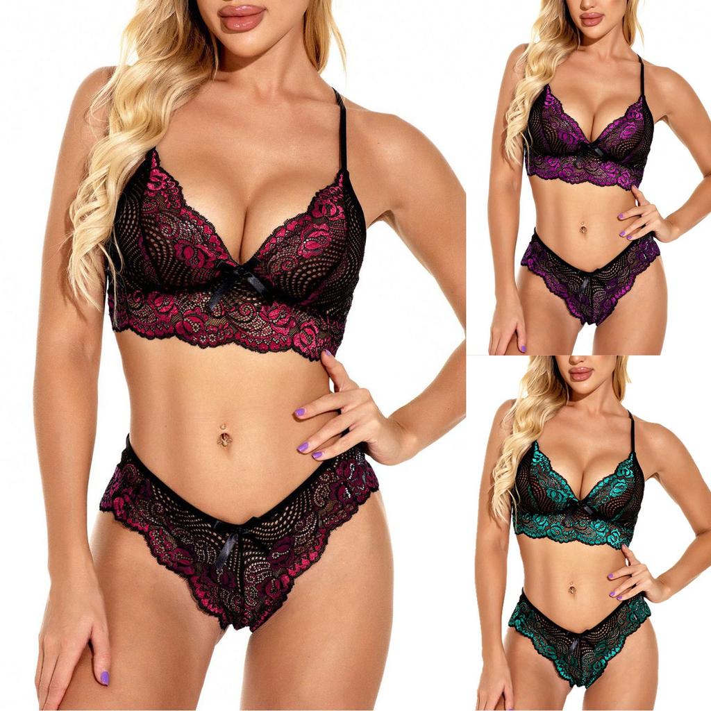 Moda feminina sexy renda conjunto de duas peças terno cor sólida sutiã sem fio sexy calcinha