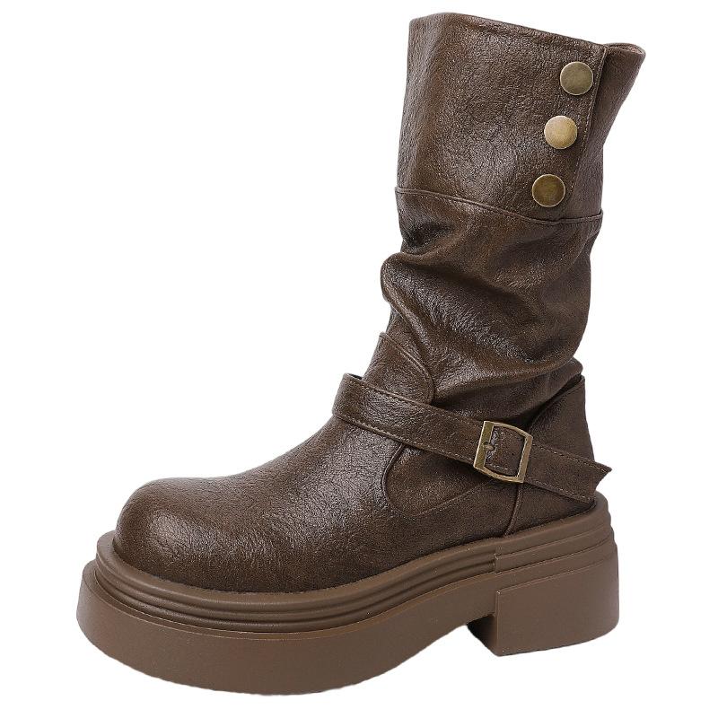 British style short boots thick heel thick-soled medium boots autumn and winter design sense retro leather boots foldable women's fashion boots
