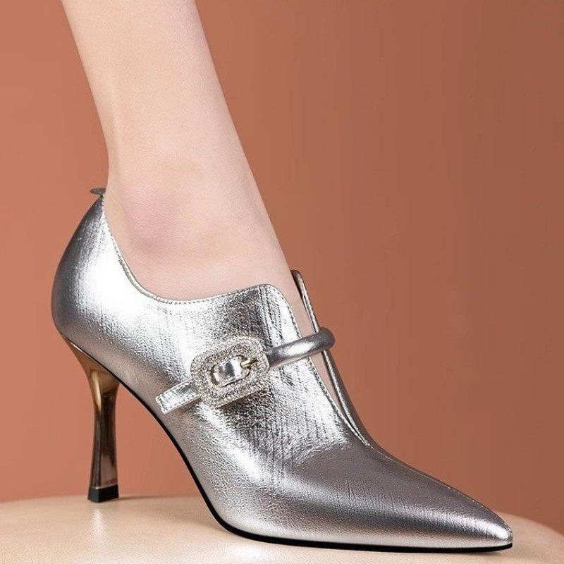 Crystal Buckle One Slip Slip Slim Heel Single Shoes Autumn New Pointed Toe Deep Mouth Non-slip High Heels