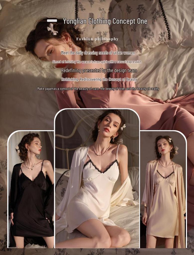 Women's Ice Silk Two-Piece Set: Sexy Camisole Nightgown & Robe for Spring-Summer