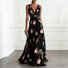 New Women's Tulip Print Sleeveless V-Neck Elegant Long Evening Dress for Women, European American Style Party Gown