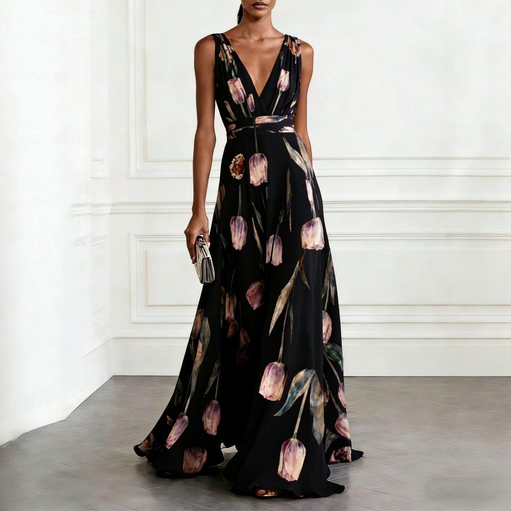 New Women's Tulip Print Sleeveless V-Neck Elegant Long Evening Dress for Women, European American Style Party Gown