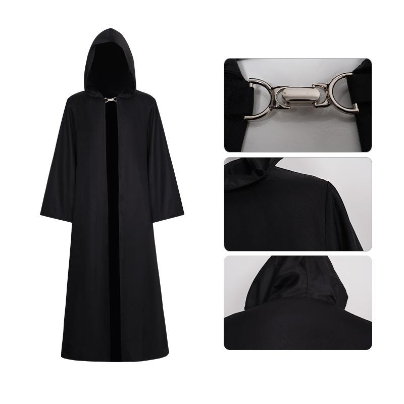Wizard's Cloak Black Long Hooded Cape With Metal Snap Closure Retro Loose-fitting Clothes Halloween Costume For Men And Women