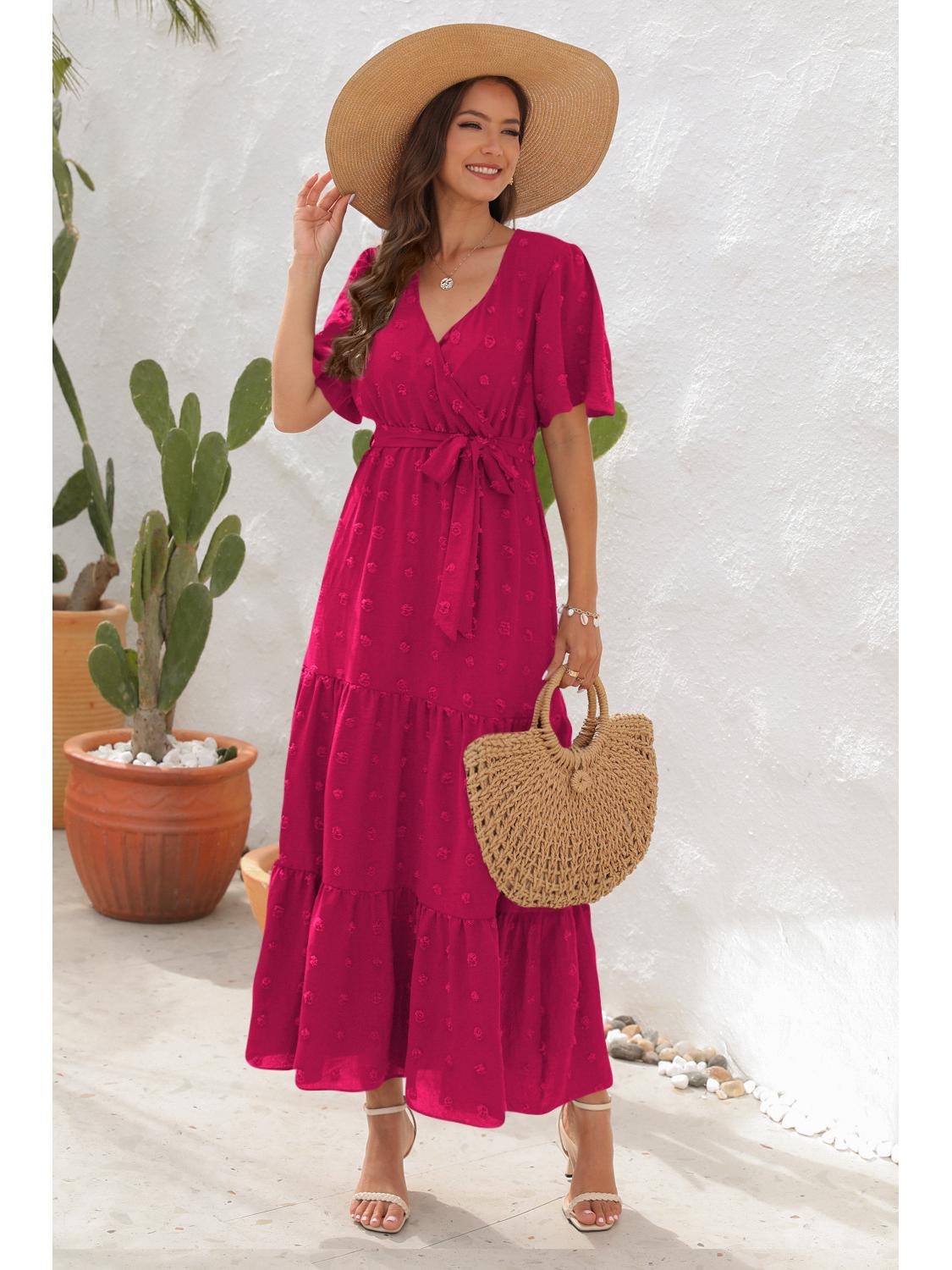 

Миди-платье с V-образным вырезом, завышенной талией, завязками, помпонами и длинными рукавами - Идеально для праздников и путешествий Large розы красного