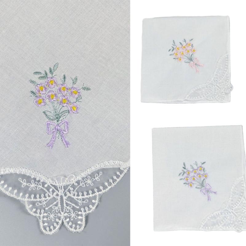 Multicolor Cotton Handkerchiefs Set for Women Embroidered Flower and Butterfly Lace Edge Portable Pocket Square Towel