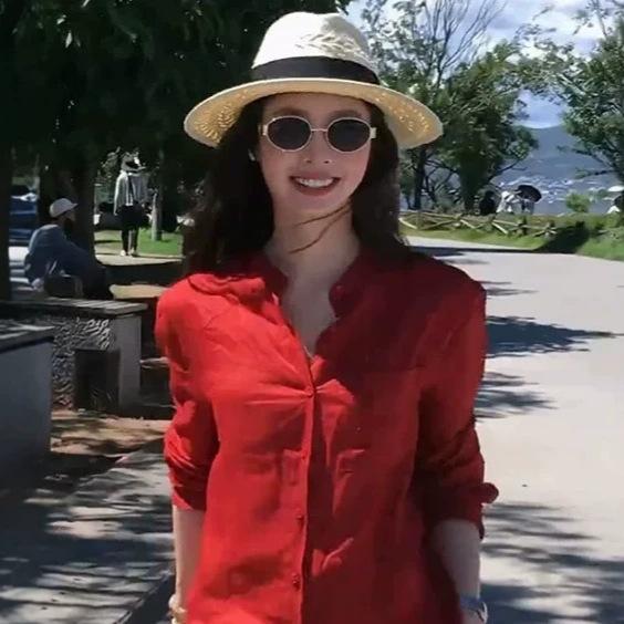 Altes Geld Rotes Dünnes Lockeres Leinenhemd für Damen, Neues Hemd für Frühling/Sommer, Vielseitig und Elegant für Damen