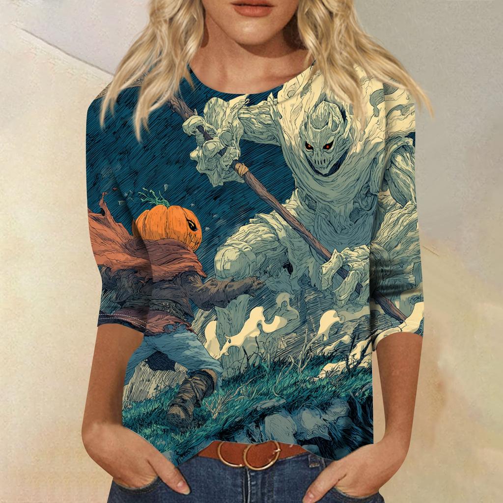 Women's Fashion Casual Round Neck Three-quarter Sleeve Halloween Printed T-shirt Top