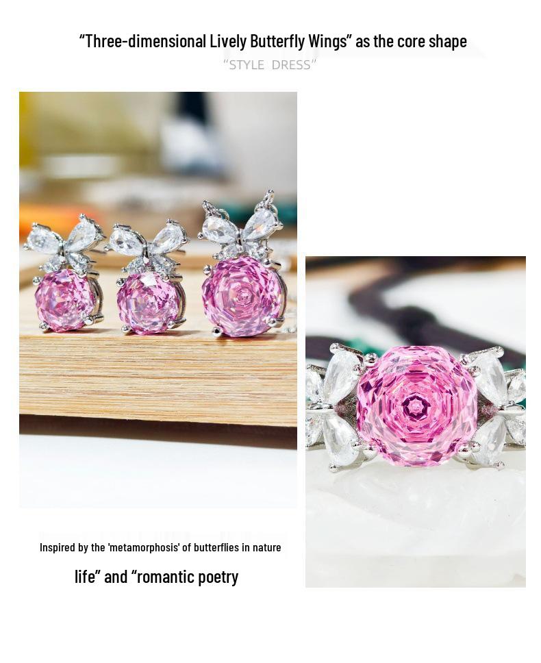 Růžová Sakura Motýlí Šperky Set: Zirkonový prsten, náušnice a přívěsek