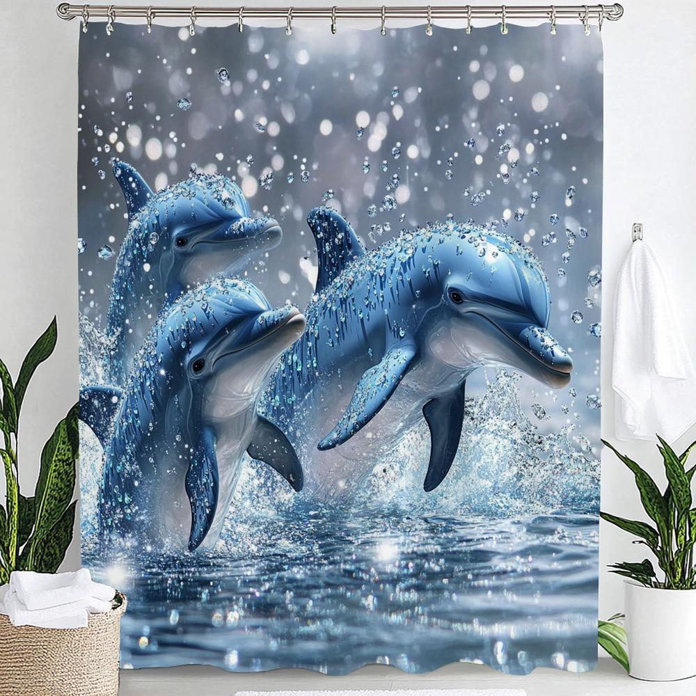 1pc Underwater World Blue Ocean Dolphin Cartoon Print Waterproof Shower Curtain Partition Privacy Hanging Curtain with 12 Hooks