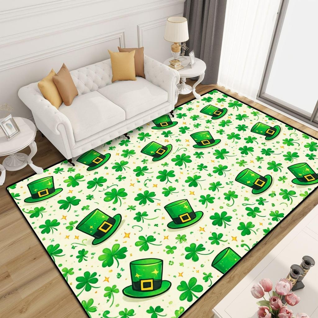 St Patricks Day Rug Green Clover Hat Decor Gold Coins Shamrock Carpet Holiday Floor Mat Soft Non-Slip Home Decor for Living Room