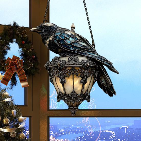 Raven On Lantern Acrylic Suncatcher Faux Stained Glass Window Wall Hanging Ornament Gothic Crow On Lamp Halloween Decor for Dark Academia Home Decor