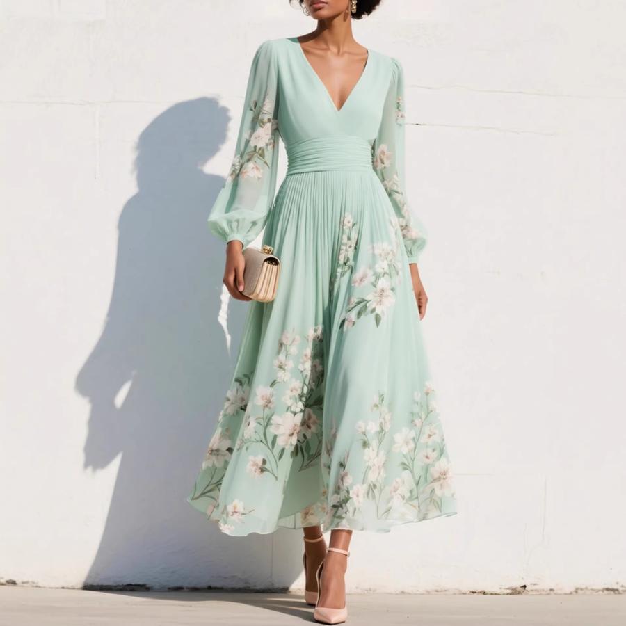 New Style Snow Flake Spring Long Sleeve Ruffled Dress for Women