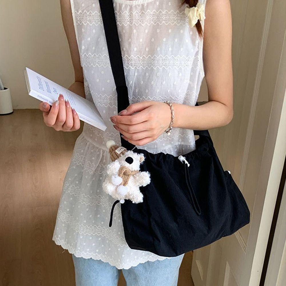 Large Capacity Drawstring Tote Bag Korean Crossbody Bag Casual Nylon Shoulder Bag Office Worker