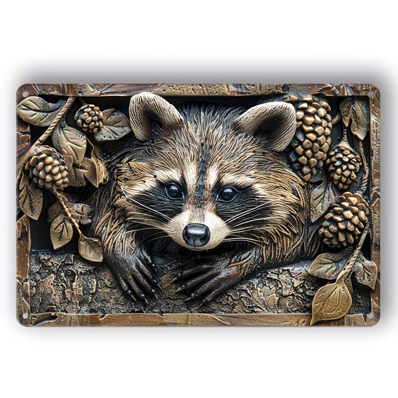 2d Flat 30*20cm, Raccoon, Wooden Logo Fun Vintage Compact Wooden Logo, Wall Decor, Home Decor, Wooden Logo Poster Holiday Gifts, for Home, Kitchen
