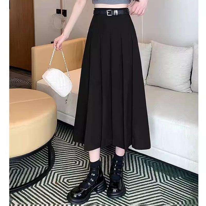 Women Vintage Solid Color JK Long Skirts Girls Elegant Comfortable Leisure Dress Female Sweet A-Line Zipper Pleated Skirts
