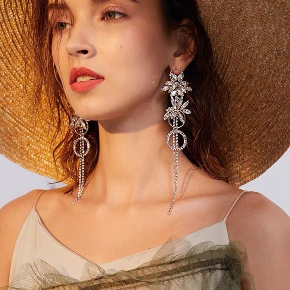 Versatile Fringe Hoop Earrings Flower Rhinestone Pendant Earrings Long Face Slim Elegant Exaggerated Large Earrings