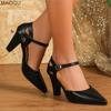 Women's High Heel Sandals Ankle Strap Chunky Heeled Pumps Black Pu Leather Shoes Pointed Toe Office Ladies Sandals Elegant 36-42