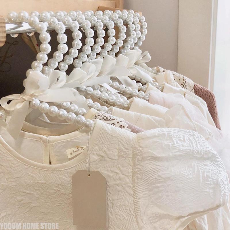 5pcs Elegant Pearl Bead Bow Hanger 40/30cm Adult Kids Clothing Organizer Wedding Dress Coat Rack Space Saving Wardrobe Storage