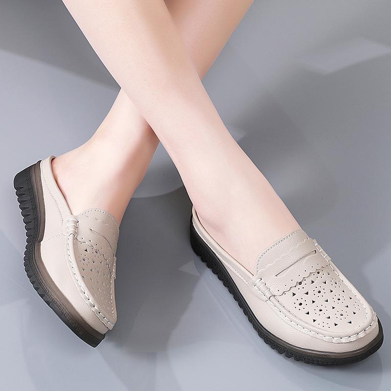 Women Soft Mules Loafers Slip on Casual Elegant Summer Slippers Breathable Leather Sandals Black Moccasin Shoes for Mother