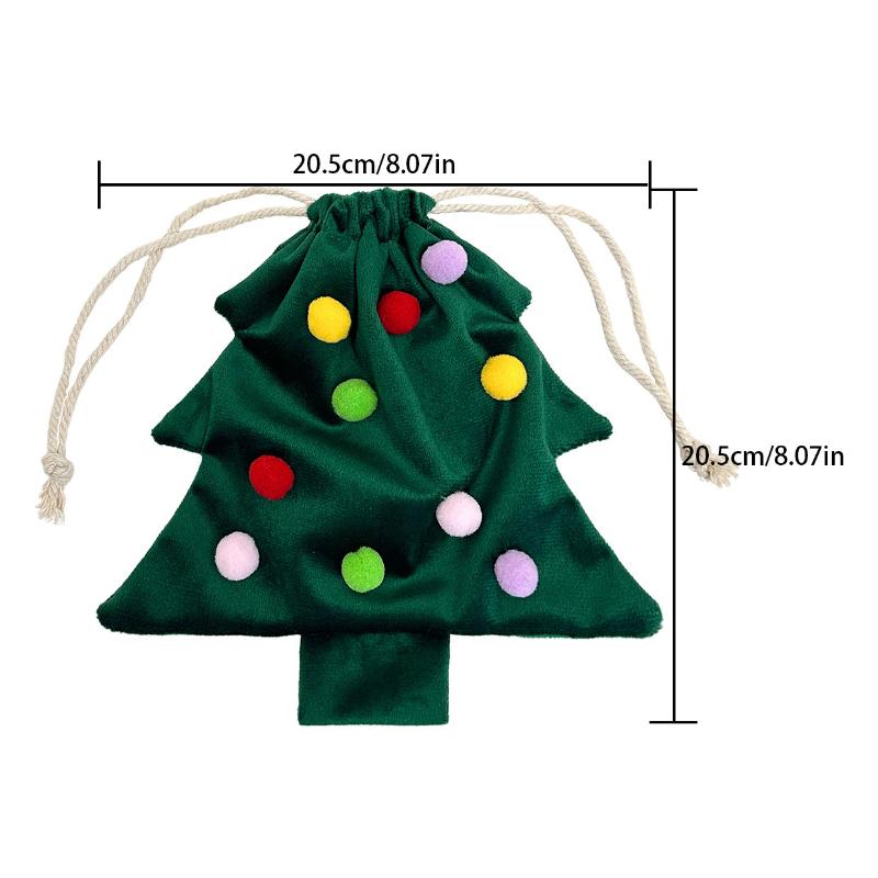 Christmas Tree Shaped Polyester Drawstring Gift Bags With Colorful Pom Poms Bell Decor For Xmas Tree Hanging Party Gifts Storage