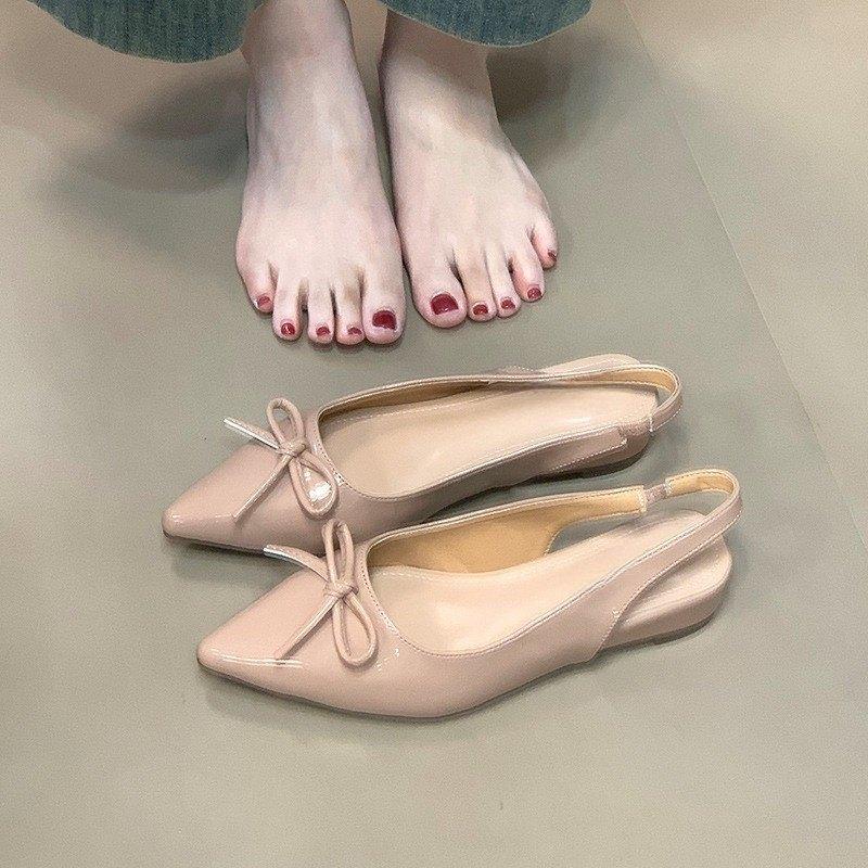 

Розовые сандалии на каблуке с сумкой женские 2025 новые бант сзади пустые модные универсальные остроносые туфли 40 телесный