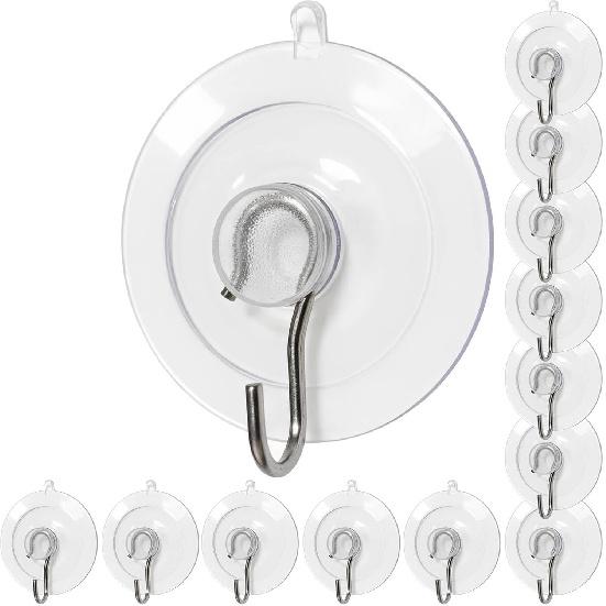 Suction Cup Hooks 12Pcs, 1.77Inch Clear Medium No Trace Suction Cups Removable with Stainless Steel Hook, for Tile, Glass, Window, Shower, Kitchen,