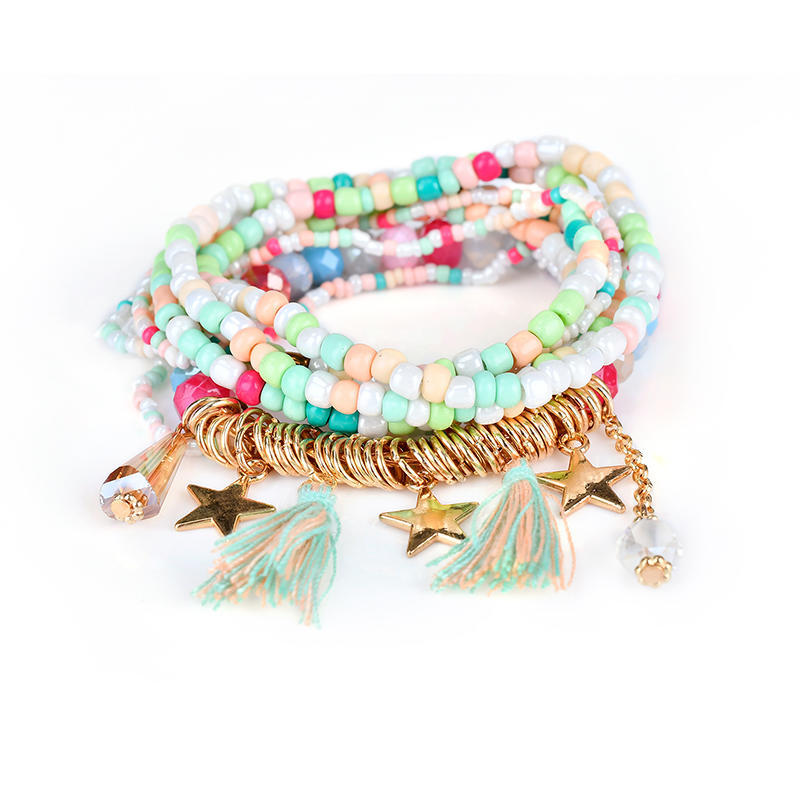 Bohemian Multilayer Beaded Bracelet Elastic Tassel Star Pendant Bracelet Bangle Women Jewelry